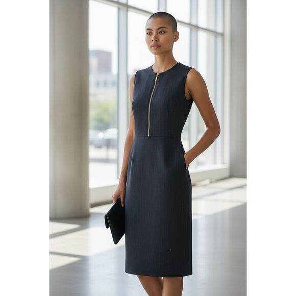 Calvin Klein Dead Stock Denim Look Front Zipper Sleeveless Sheath Dress 12 - Picture 1 of 12